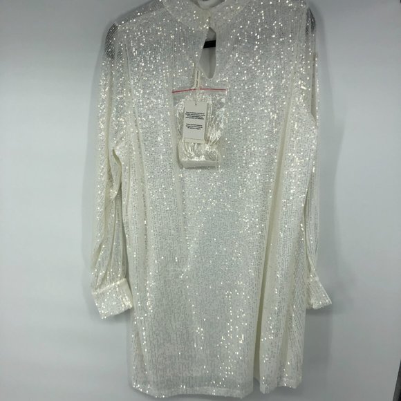 Pretty Lavish white sequined long sleeve mini Dress US 8 Balloon Sleeve - Picture 4 of 9